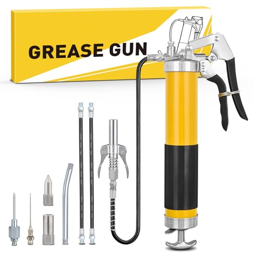 GOOACC Grease Gun Heavy Duty Pistol Grip Grease Gun Kit with Quick Release Coupler 18" Spring Flex Hose Needle Nozzle Rigid Pipe, 8000PSI 14oz Grease Guns Tool for Automotive Farm Industrial Equipment - size: Manual 14oz Yellow 10PCS
