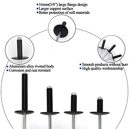 Alloypro 40pcs Black Large Flange Blind Rivets, Aluminum,Flange Diameter 5/8" (16 mm),Pop Rivets Assortment Kit Blind Rivet,3/16" x 1-3/16",Grip Range(20-25mm) - size: Black 4.8*30mm