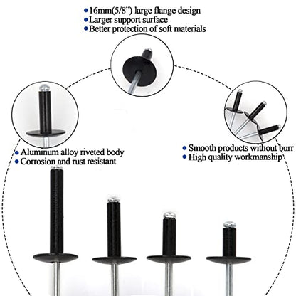 Alloypro 40pcs Black Large Flange Blind Rivets, Aluminum,Flange Diameter 5/8" (16 mm),Pop Rivets Assortment Kit Blind Rivet,3/16" x 1-3/16",Grip Range(20-25mm) - size: Black 4.8*30mm