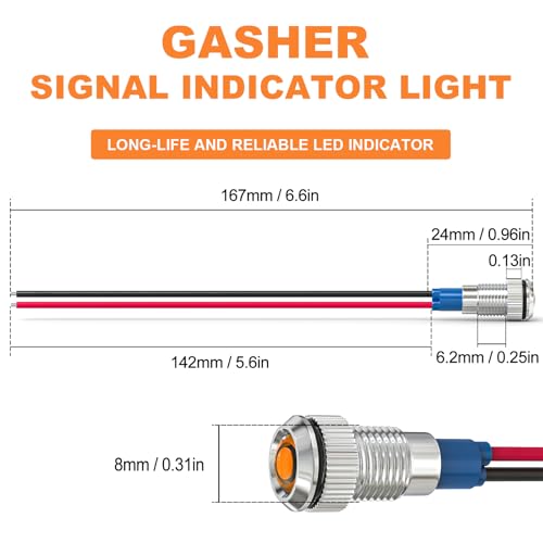 GASHER 5 PCS Energy Saving Indicator Light, LED Light 12V/24V/110V 20mA Panel Mount Light, Mounting Hole Size 8mm(5/16inch) Yellow LED (12V) - color: Yellow, size: 8MM（12V）
