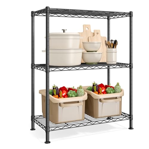 SONGMICS 3-Tier Storage Shelves, Adjustable Wire Shelving Unit, 8 Hooks - color: Ink Black, size: 3 Tiers (11.8"D x 23.6"W)