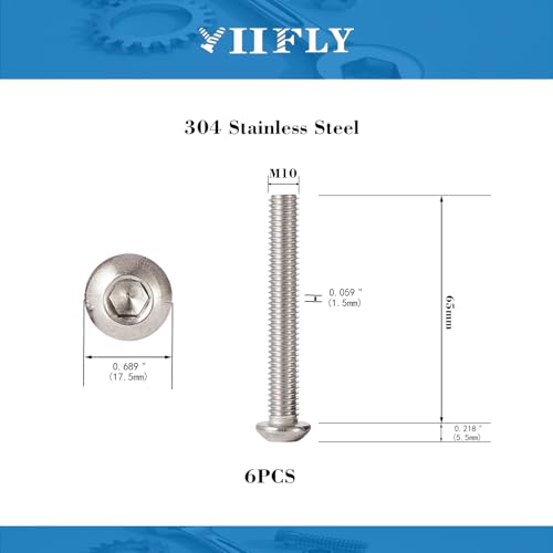 M10x1.5 Bolt, M10 x 65mm Button Head Socket Cap Bolts Screws,304 Stainless Steel(A2-70), Allen Hex Drive, Bright Finish, Fully Threaded, Quantity 6 - size: M10 x 65mm(6PCS)