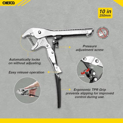 CHESCO 10" Curved Jaw 4th Gen Self-Adjusting Locking Pliers, One-Hand Auto-Lock Design, Heavy-Duty Cr-V Steel Professional Hand Tool for Automotive, Plumbing & DIY - size: 10 Inch