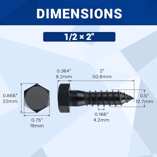 1/2 x 2 Black Hex Head Lag Screws Bolts (8 pcs), 304 Stainless Steel 18/8, Black Oxide Coated, Partial Thread, Deck Screws, Heavy Duty Hex Head Wood Lag Screws, Fayeploo - size: 1/2 x 2"