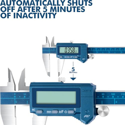 Dasqua 8"/200mm IP67 Digital Caliper, Stainless Steel, ±0.03mm/0.0015" Precision, Coolant-Proof, Inch/mm Conversion, Large LCD Display, Protective Case - color: Blue Case Cover, size: 8"/200mm
