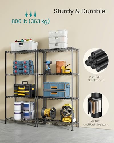 SONGMICS 4-Tier Storage Shelves, Adjustable Wire Shelving Unit, 8 Hooks - color: Ink Black, size: 4 Tiers (11.8"D x 23.6"W)