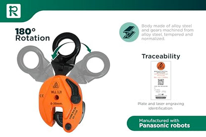 GORILA Vertical plate clamp articulated | 70550lbs / 3,2 ton | Jaw opening 1.2 inch / 30mm | Industrial and heavy duty steel plate clamp for lifting and transporting | Safety factor 4:1 | Since 1989 - size: 3,2t / 7055lbs