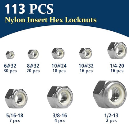 SAE Lock Nut Assortment Kit 113Pcs, #6-1/2 Stainless Locking Nut - size: SAE Locknuts, 113 Pcs