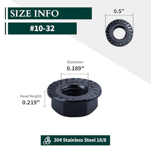 #10-32 Hex Head Serrated Flange Nuts, 304 Stainless Steel 18-8 Hexagon Head Flange Nuts for Home Automotive DIYer, Black Oxide Finish, Hex Drive, 50 PCS - size: #10-32