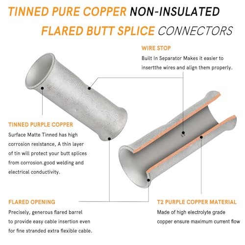 SVAAR 24-18 Gauge Flared Barrel Butt Splice Connectors Kit 100PCS 24-18 AWG Non-Insulated Butt Connectors Tinned Copper Flared Compression Butt Splices Crimp Butt Terminals+100PCS 3:1 Heat Shrinks - color: Tinned Copper