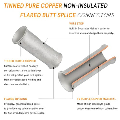 SVAAR 24-18 Gauge Flared Barrel Butt Splice Connectors Kit 100PCS 24-18 AWG Non-Insulated Butt Connectors Tinned Copper Flared Compression Butt Splices Crimp Butt Terminals+100PCS 3:1 Heat Shrinks - color: Tinned Copper