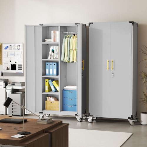 pozdeg 71" Rolling Lockable Metal Broom Closet Storage Cabinet, Grey White - color: Grey White, size: 15.7"D x 31.5"W x 71"H