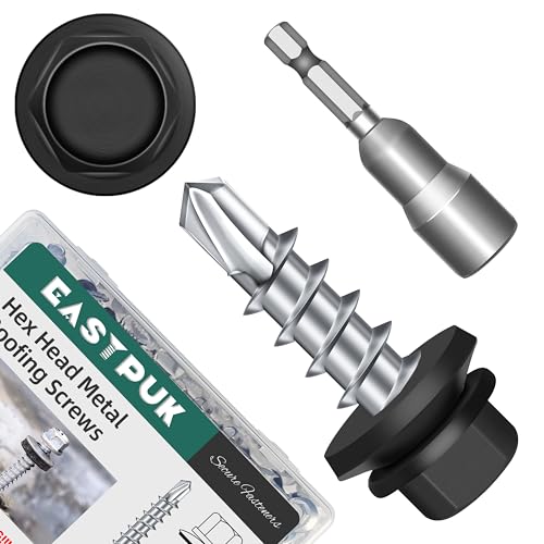 100-pack #10 x 3/4 Hex Head Self-Drilling Metal Roofing Screws with EPDM Washer, Black Coated Wood Screws, Self Tapping Sheet Metal Roof Screws (Diamond Point) - color: Black, size: #10 x 3/4"