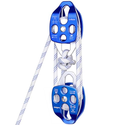 Double Block and Tackle Pulley System with 200Ft x 1/2'' Rope Pulley 7700 LB(35KN) Breaking Strength, 4:1 Lifting Power Sheave Pulley Hoist System for Garage, Attic Heavy Lifting - size: 1/2'' x 200ft