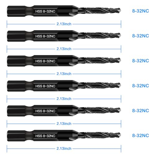 6-Piece 8-32NC Combination Drill Tap Countersink Bit Set SAE, Made of High-Speed Steel with Anti-Rust Blackened Coating, Ideal for Soft Metal, Wood & Plastic, 8-32NC Thread Size, 1/4” Hex Shank - size: 8-32NC