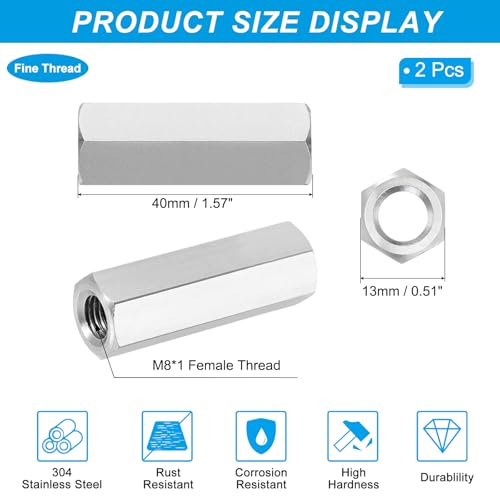 PATIKIL M8x1 Pitch 304 Stainless Steel Hex Coupling Nuts, 2 Pcs 40mm / 1.57" Length Fully Threaded Rod Coupling Nut Studding Connector Fasteners, Silver Tone - size: M8-1 x 40mm