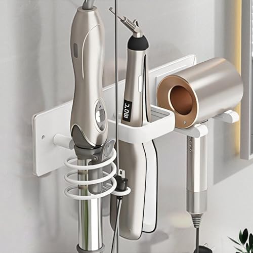 Hair Dryer Holder Wall Mounted,Blow Dryer, Curling Iron, Straightener Holder 3 in 1 Bathroom Metal Hair Tool Organizer Rack-Matte White-2