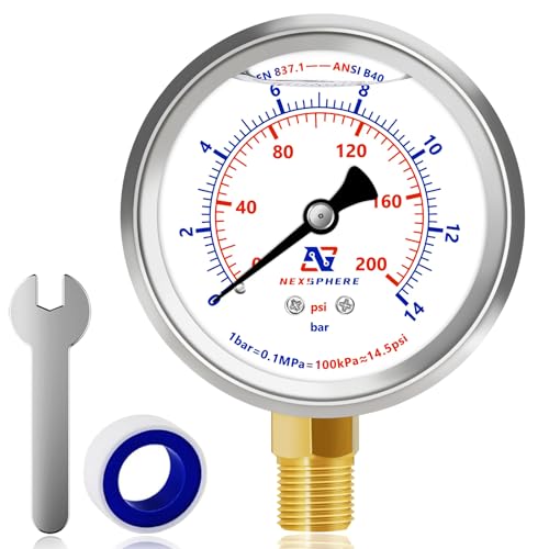 0-200 PSI Liquid Filled Pressure Gauge, 2.5" Dial Size, 304 Stainless Steel Case, 1/4" NPT Lower Mount, Brass Connection, IP67 Waterproof Oil, Water & Air Compressor Pressure Gauge - size: 0-200 PSI, style: Lower Mount