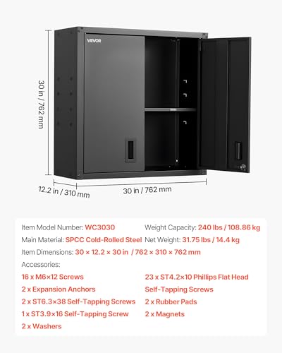 VEVOR Metal Wall Cabinet, 30W x 12.2D x 30H Inch, Steel Floating Hanging Storage Cabinet with Locking Doors and Adjustable Shelf for Garage, Basement, Kitchen, Warehouse Assembly Required, Black - size: Foldable 30" Without Open Grid