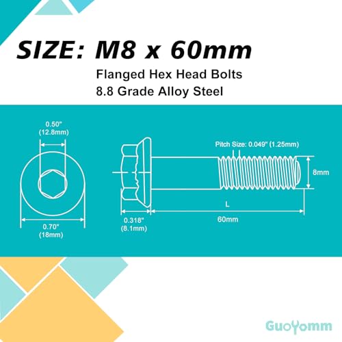 M8 x 60mm 8pcs Flanged Hex Head Bolts, M8 x 1.25 Bolts, Flange Hexagon Head Screws, 8.8 Grade Alloy Steel, Yellow Zinc Plated, Metric Half Thread - size: M8 x 60mm(8PCS)