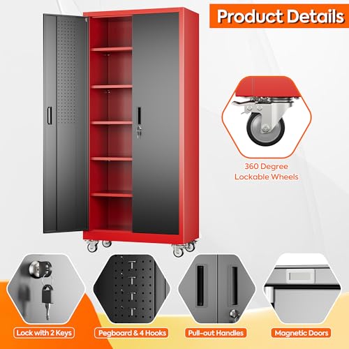 Aobabo Metal Garage Storage Cabinet with Wheels, 34" W x 18" D x 71" H,Red - color: Black Red, size: 18"D x 34"W x 71"H
