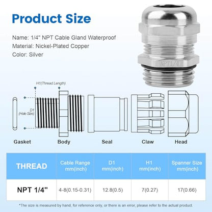4 Pcs 1/4" NPT Nickel-Plated Copper Cable Gland - style: 1/4" NPT