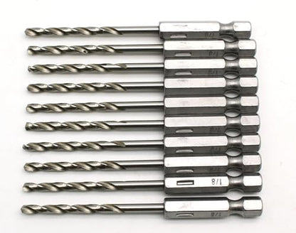TMAX 10p 1/8" M35 Cobalt High Speed Steel Jobber Drill Bit w 1/4" Hex Shank - size: 1/8" HEX