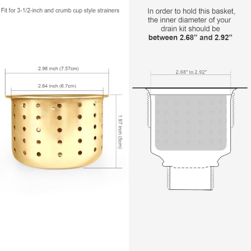 Kitchen Sink Drain Basket Only, 3-inch Basket Gold for Kitchen Sink Strainer Replacement, Deep Cup Strainers with Handle, SUS 304 Stainless Steel - color: Gold