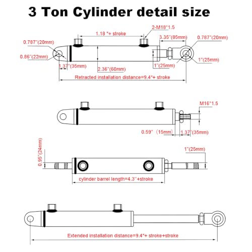 2x6 Hydraulic Cylinder 3 Ton Double Acting Welded Hydraulic Cylinder 2"Bore x 6"Stroke with 3/8" JIC 37°(9/16"-18 Thread) Hydraulic End Connectors Maximum Thrust Force 6613lbs