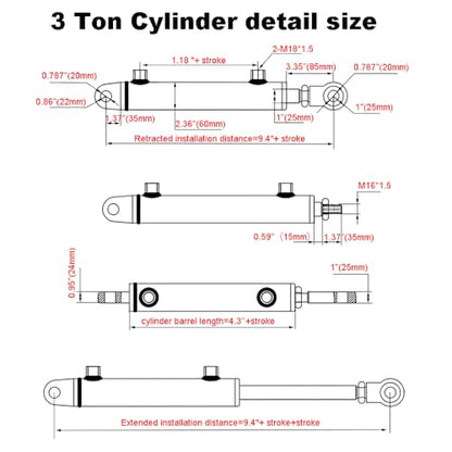 2x6 Hydraulic Cylinder 3 Ton Double Acting Welded Hydraulic Cylinder 2"Bore x 6"Stroke with 3/8" JIC 37°(9/16"-18 Thread) Hydraulic End Connectors Maximum Thrust Force 6613lbs