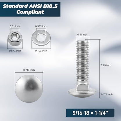 5/16-18 x 1-1/4 Inch Carriage Bolt Kit, 304 Stainless Steel (18-8) with Hex Nuts & Flat Washers - 16 Sets, Round Head Square Neck, Full Thread Coverage by Glvaner - size: 5/16-18 x 1-1/4"