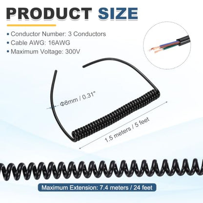 MECCANIXITY 5ft 16AWG Retractable Coiled Coil Cord 300V 105℃ 3 Conductor - size: 5ft x 16AWG, 3 Conductor