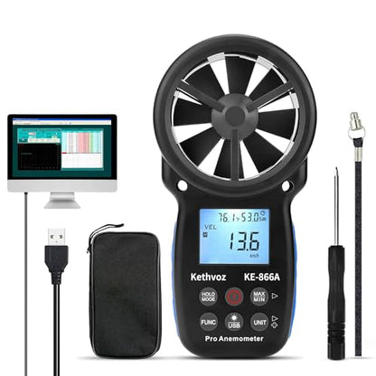 Handheld Anemometer CFM Meter, Kethvoz HVAC Airflow Meter Measure Wind Speed Airflow Monitor Humidity Temperature for Dust Collector AC Air Vent 866A