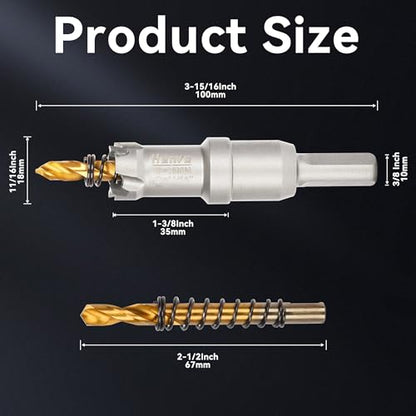 Hole Saw 11/16" (18mm) Heavy Duty Carbide with 2 Pilot Drill Bits - Metal Hole Cutter Cuts Stainless Steel, Iron, Copper, Brass, Plastic - size: 18mm|11/16"