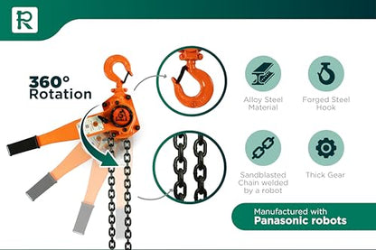 GORILA Manual Lever Hoist 360° | Manual Ratchet Chain Puller Hoist | 3300LBS - 10FT (1,5 Ton - 3 Meters) | Safety Factor 4:1 | Since 1989 - size: 3300lbs - 10ft / 1,5t - 3m