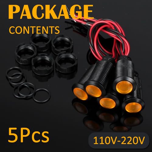 5pcs 12mm LED Indicator Light Plastic Black Signal Dot Lamp 110-220VAC 1/2 inches Mounting Hole Size with 15cm/5.9in. Wire (Yellow LED) - color: Yellow, size: 12mm 110-220V