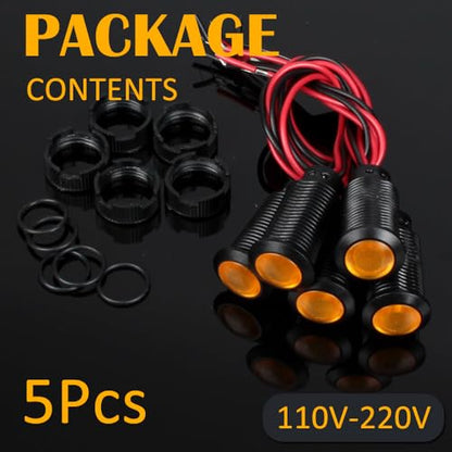 5pcs 12mm LED Indicator Light Plastic Black Signal Dot Lamp 110-220VAC 1/2 inches Mounting Hole Size with 15cm/5.9in. Wire (Yellow LED) - color: Yellow, size: 12mm 110-220V