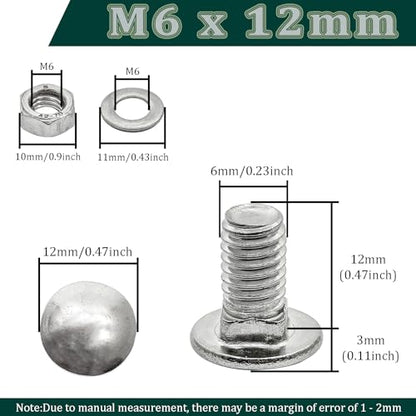 M6 x 12mm Carriage Bolts Kit,304 Stainless Steel Round Head Square Neck Carriage Bolts with Hex Nuts and Flat Washers,Full Thread,Silver(20Sets) - size: M6 x 12mm