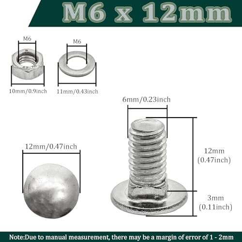 M6 x 12mm Carriage Bolts Kit,304 Stainless Steel Round Head Square Neck Carriage Bolts with Hex Nuts and Flat Washers,Full Thread,Silver(20Sets) - size: M6 x 12mm