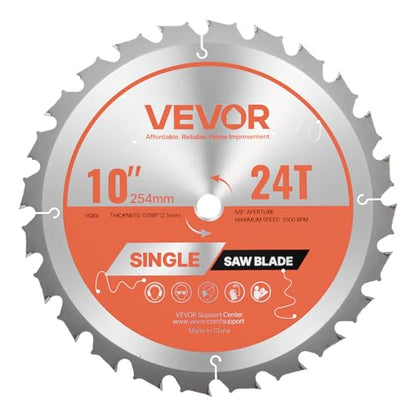 VEVOR Circular Saw Blade, 10 inch Diameter, 24 Sharp Alloy Teeth, 5/8 inch Arbor, Fine Finish, Wood Cutting Blade for Circular Saw, with Noise-Reducing Heat Vents, for Cutting Plywood, OSB, Hardwood - size: 10“ & 24T