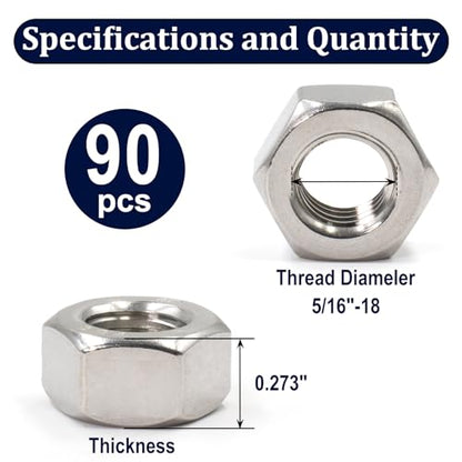 ZQZ 5/16-18 Hex Nuts,90PCS Stainless Steel Hardware Nut 304 ss Threaded Nut - size: SAE 5/16"-18;90 PCS