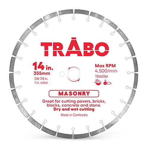 Trabo 14 Inch Masonry Segmented Rim Diamond Bond Blade for Cutting Cement, Pavers, Concrete with Rebar, Natural Stone and More, with 1 Inch Arbor - size: 14 Inch