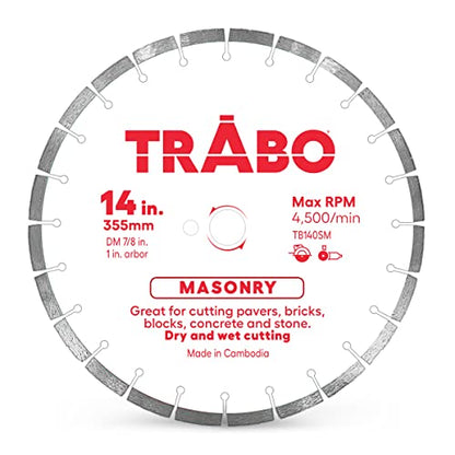 Trabo 14 Inch Masonry Segmented Rim Diamond Bond Blade for Cutting Cement, Pavers, Concrete with Rebar, Natural Stone and More, with 1 Inch Arbor - size: 14 Inch