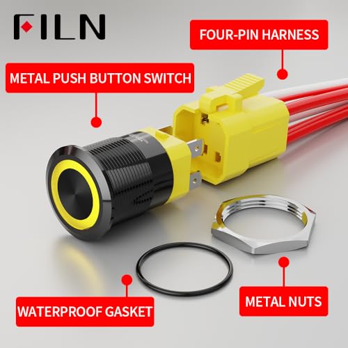 2PCS 22mm 20A Latching Push Button Switch 12-24V DC with Harness - color: Yellow-Latching