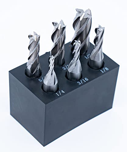 Single End 4 Flute Center Cutting End Mill 6PCS Set 1/8",3/16",1/4",5/16",3/8",1/2" with 3/8" Shank with Plastic Stand