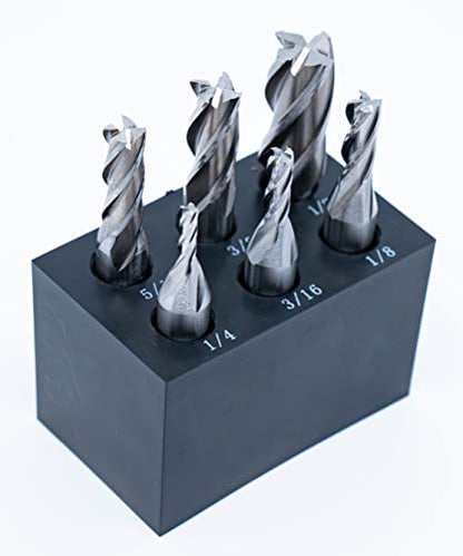Single End 4 Flute Center Cutting End Mill 6PCS Set 1/8",3/16",1/4",5/16",3/8",1/2" with 3/8" Shank with Plastic Stand