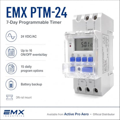 EMX PTM-24 24V AC/DC 7-Day Programmable DIN Rail Timer 16 ON/Off Events