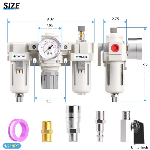 TAILONZ PNEUMATIC 1/2 Inch NPT Manual Drainage 3 in 1 Oil Air Pressure Regulator Filter AC4000-04（0-150PSI） with Lubricator Cup for Air Tools System - color: Manual/3 in 1, size: 1/2"NPT