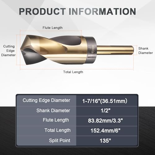 uxcell 1-7/16" Drill Bit 1/2" Reduced Shank 3-Flat M35 5% Cobalt HSS - size: 1-7/16" with 1/2" Shank