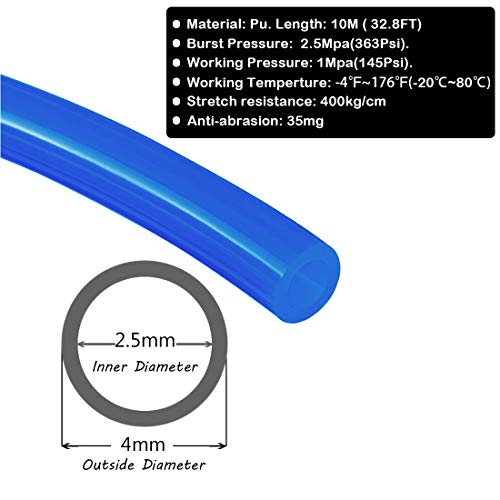 Beduan 4mm x 2.5mm Blue Pneumatic Tubing Pipe PU Polyurethane Air Compressor Tubing Hose Pipe Line Fluid Transfer 32.8ft 10 Meter - color: Blue, size: 4mmx2.5mm-10m